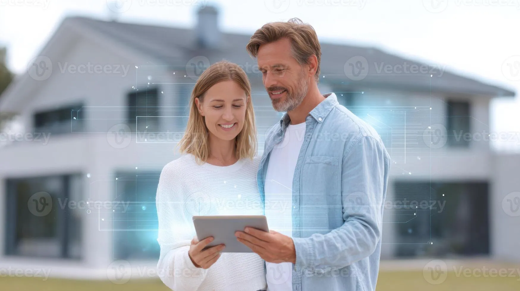 happy-couple-planning-their-future-with-digital-tablet-in-front-of-new-house-great-image-for-real-estate-or-technology-concepts-showing-togetherness-and-new-home-photo Tập trung vào mục tiêu chung giúp cuộc trò chuyện về tiền bạc trở nên tích cực