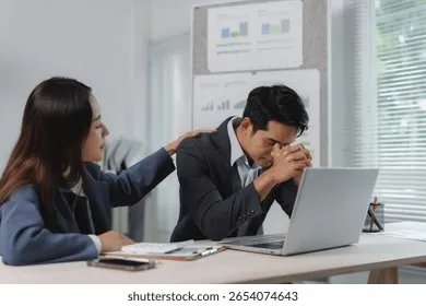professional-woman-comforting-male-coworker-260nw-2654074643 Môi trường công sở luôn tiềm ẩn những xung đột ngầm định đòi hỏi kỹ năng ứng xử khéo léo