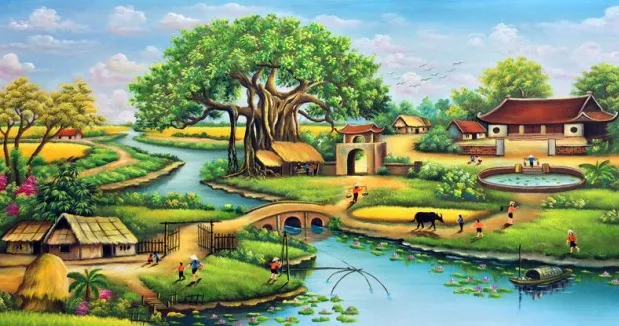 tranh-son-dau-cay-da-ben-nuoc-san-dinh Không gian làng quê Việt Nam nơi khởi nguồn của những giá trị văn hóa dân gian đặc sắc và lâu đời